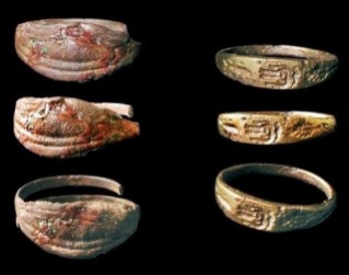 Židovar, Banat region, northern Serbia. one at the right was found inside jewelry box and it has engraved human figure with palm branch above the head, and fish below feet